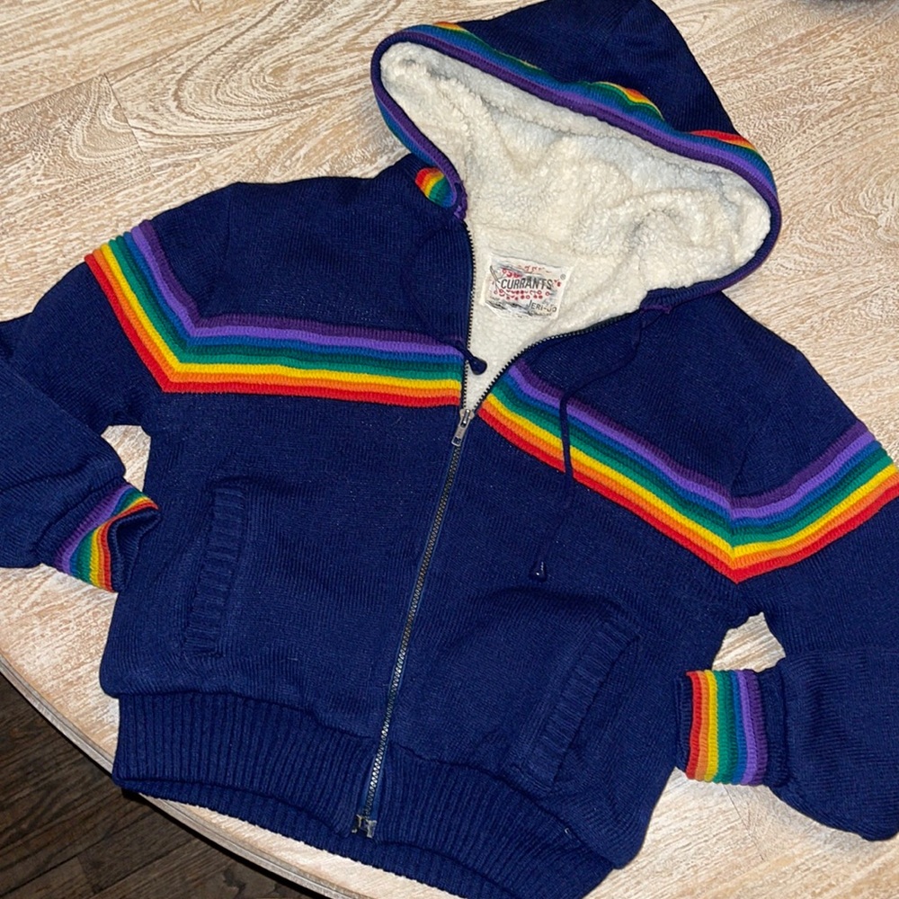 Vintage 60s 70s Navy blue Rainbow Hooded Sherpa lined Jacket Coat